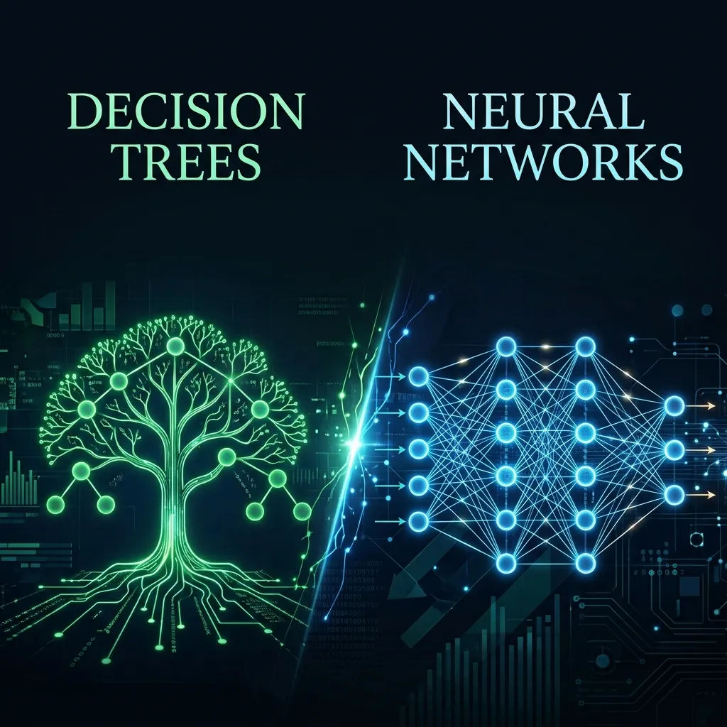 Illustration of a glowing decision tree beside a neural network